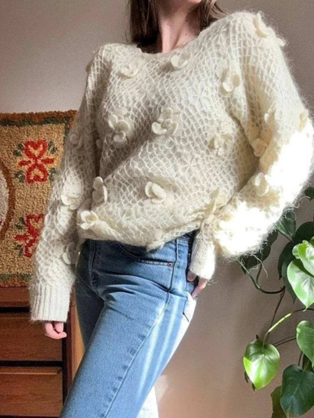 Vintage Floral Mohair-Style Sweater in Cream Like New